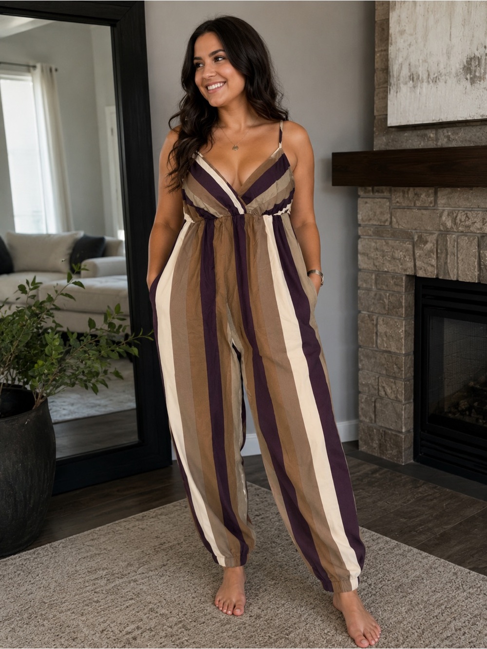 Striped V-Neck Jumpsuit in Brown & Cream (NEVER WORN)